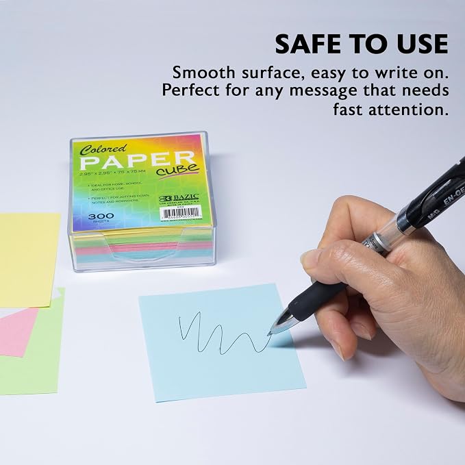 BAZIC Products Color Paper Cube with Tray, 300 Sheets, 2.95 in, 2-Pack | 300-sheet color paper cube, 2.95 x 2.95 in (75 x 75 mm), clear holder tray for quick notes and reminders