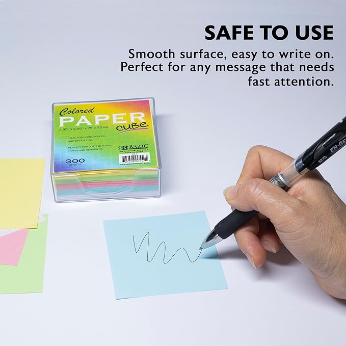 BAZIC Products Color Paper Cube with Tray, 300 Sheets, 2.95 in | 300-sheet color paper cube, 2.95 x 2.95 in (75 x 75 mm), clear holder tray for quick notes and reminders