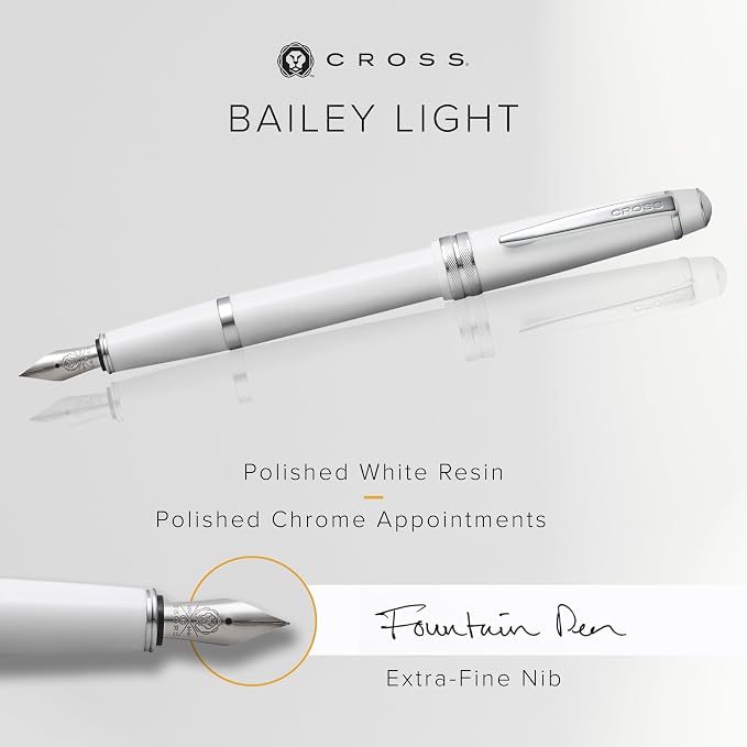 Cross Bailey Light Polished White Resin Extra-Fine Nib Fountain Pen - Professional Pen for Effortless Writing - Journaling, Note-Taking & More - Black Ink - Easy Handling - Includes Gift Box