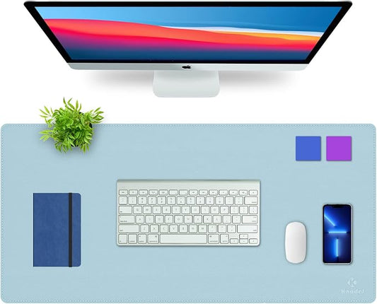 K KNODEL Large Sewing Leather Desk Mat, Desk Pad (Light Blue, 35.4" x 17") | Mouse and Keyboard Pad, PVC Computer and Laptop Mat, Desktop Protector and Cover, Writing Pad and Blotter for Home Office