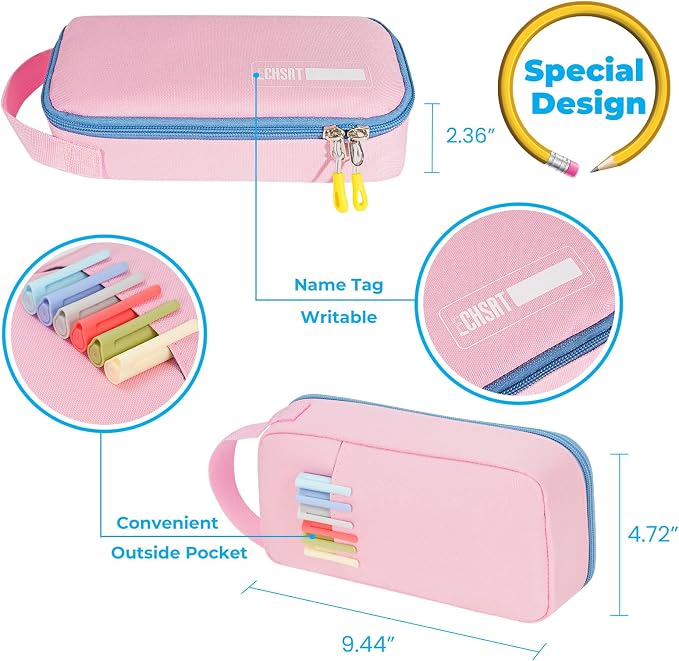 ECHSRT Large Capacity Pencil Case with Hidden Pocket, 1200D Oxford Fabric Zipper Pencil Pouch with Handle, Multi-Pocket Stationery Organizer for Office, College, Travel and Daily Carry, Pink
