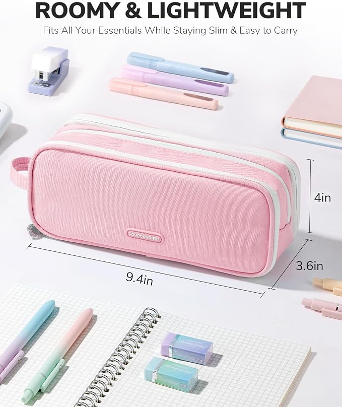 Four Candies Large 3-Compartment Pencil Case Organizer Pouch | Large Pen Bag for Stationery & Office Multi-Purpose Organizer Makeup Bag Travel Bag with Handle (Pink)