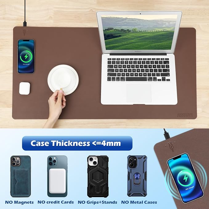 Wireless Charging Desk Mat, Mouse Pad, Brown-L, 36 * 17inch