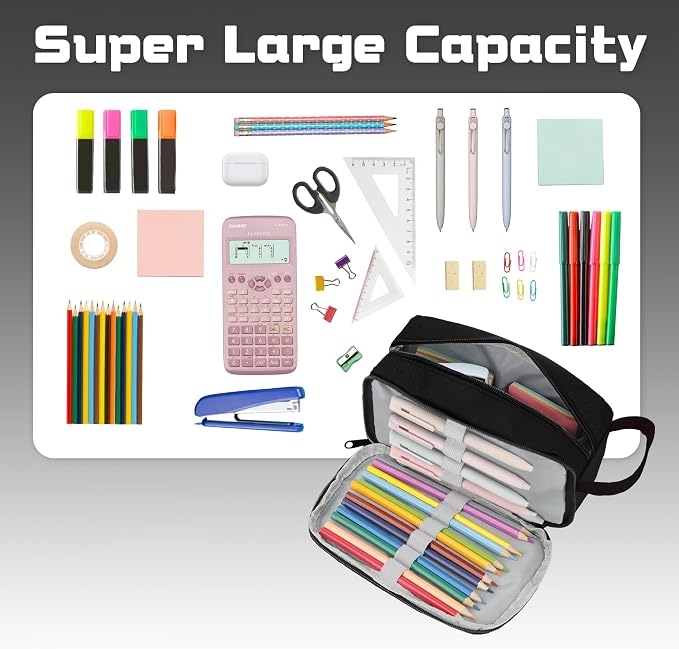 Yeplan Black Pencil case,Large Capacity Pencil Pouch | Pencil Bag,Pencil Box,Cute Pencil Case,Stationery,Durable Light Weight Material,Back To School, Pencil Case For Girls