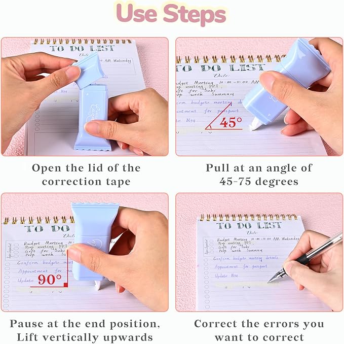 Temiary 6 Pcs White Correction Tapes, Cute White Smooth Pull Out Tape for Instant Corrections, Clean and Easy to Use Applicator for Office School Supplies (Blue)
