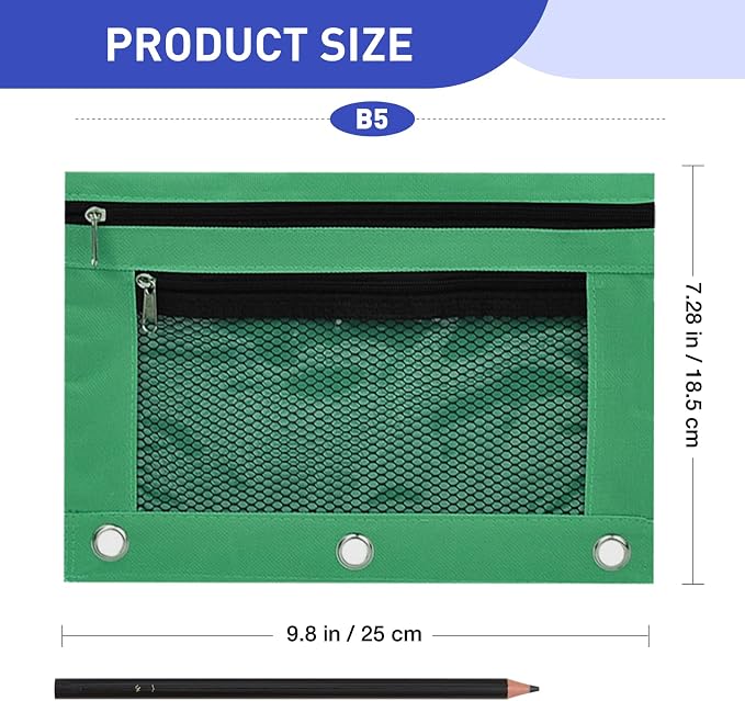 Pencil Pouch for 3 Ring Binder - 3 Hole Zipper Pen Case Bag Holder Bulk Accessories Clear Window Aesthetic Organizer Pockets