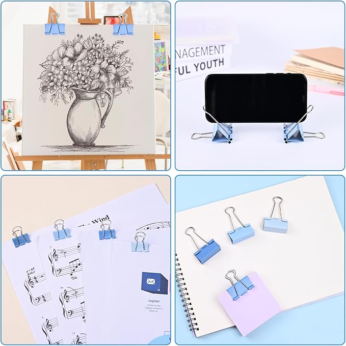 Temiary Aesthetic Binder Clips, Large Metal Binder Clip with Clear Storage Container, Binding Paperwork Clamps for School Teachers Office Supplies (Blue 1.6 Inch, 24P)
