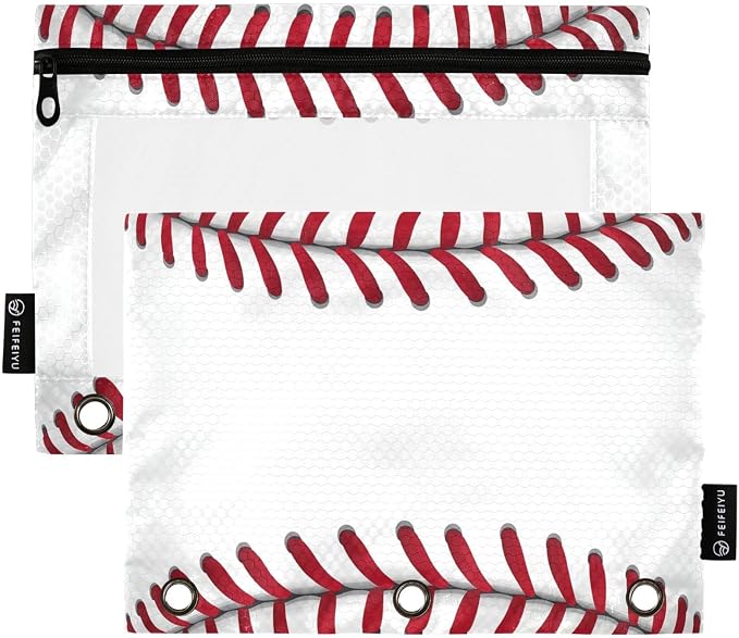 Gredecor 3 Ring Binder Pencil Pouch, Ball Softball Basebal Laces (1) Zippered Pen Case Pouches with Clear Window, 2 Pack Stylish Office & School Supplie
