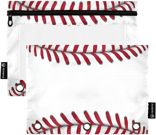 Gredecor 3 Ring Binder Pencil Pouch, Ball Softball Basebal Laces (1) Zippered Pen Case Pouches with Clear Window, 2 Pack Stylish Office & School Supplie