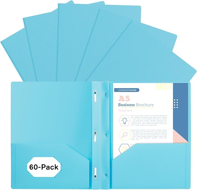 60-Pack Plastic andPockets and Prongs,2-Pocket and3 Fasteners, Pastel Folders Holds 8-1/2" x 11" Paper for School/Office/Home, Blue