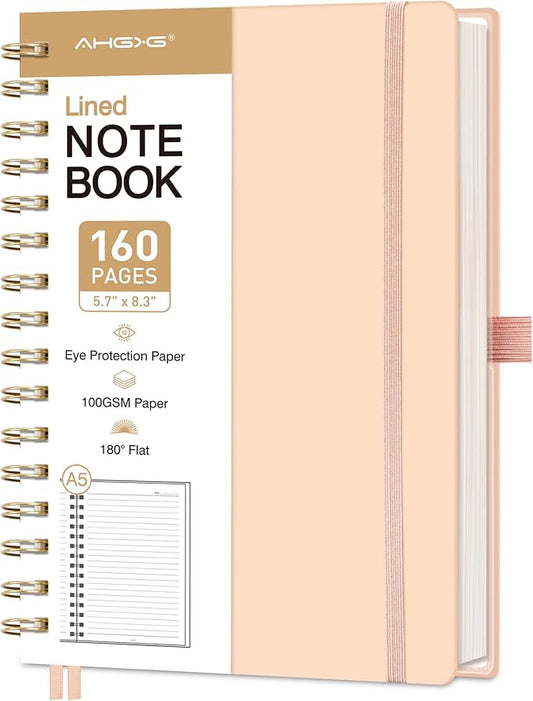 AHGXG Spiral Journal Notebook, 160 Lined Pages, A5 Size (5.7'' x 8.3'') | for Men & Women, Journaling, Writing, Work & Office, Hardcover, 100 GSM Thick Paper (Pink)