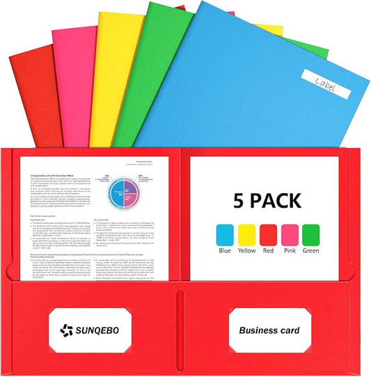 Two Pocket Folders, 5 Pack Paper Folders with Pockets, Thick Textured Paper File Folders, Fit Letter Size Paper, 5 Assorted Colors for Office, Home, Business, School Supplies