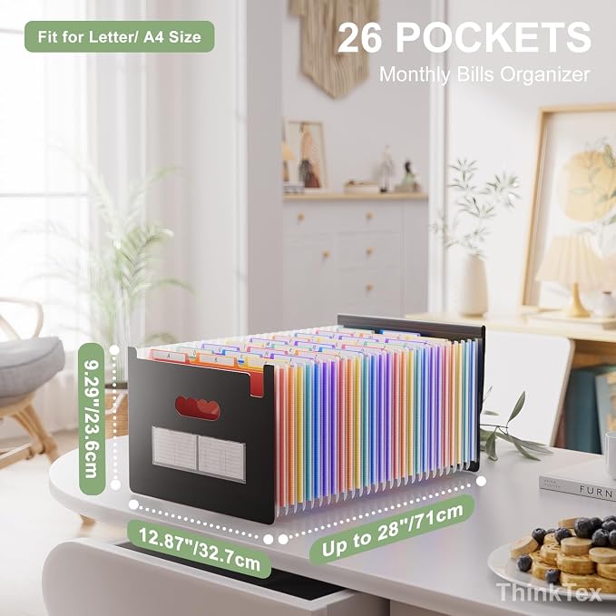 ThinkTex 26 Pockets Expandable File Folders, Accordion File Organizer | with 3 A-Z Alphabet Colored Tabs, Letter/A4 Size, Paper Coupon Bill Receipt Organizer for Classroom, Office Organization