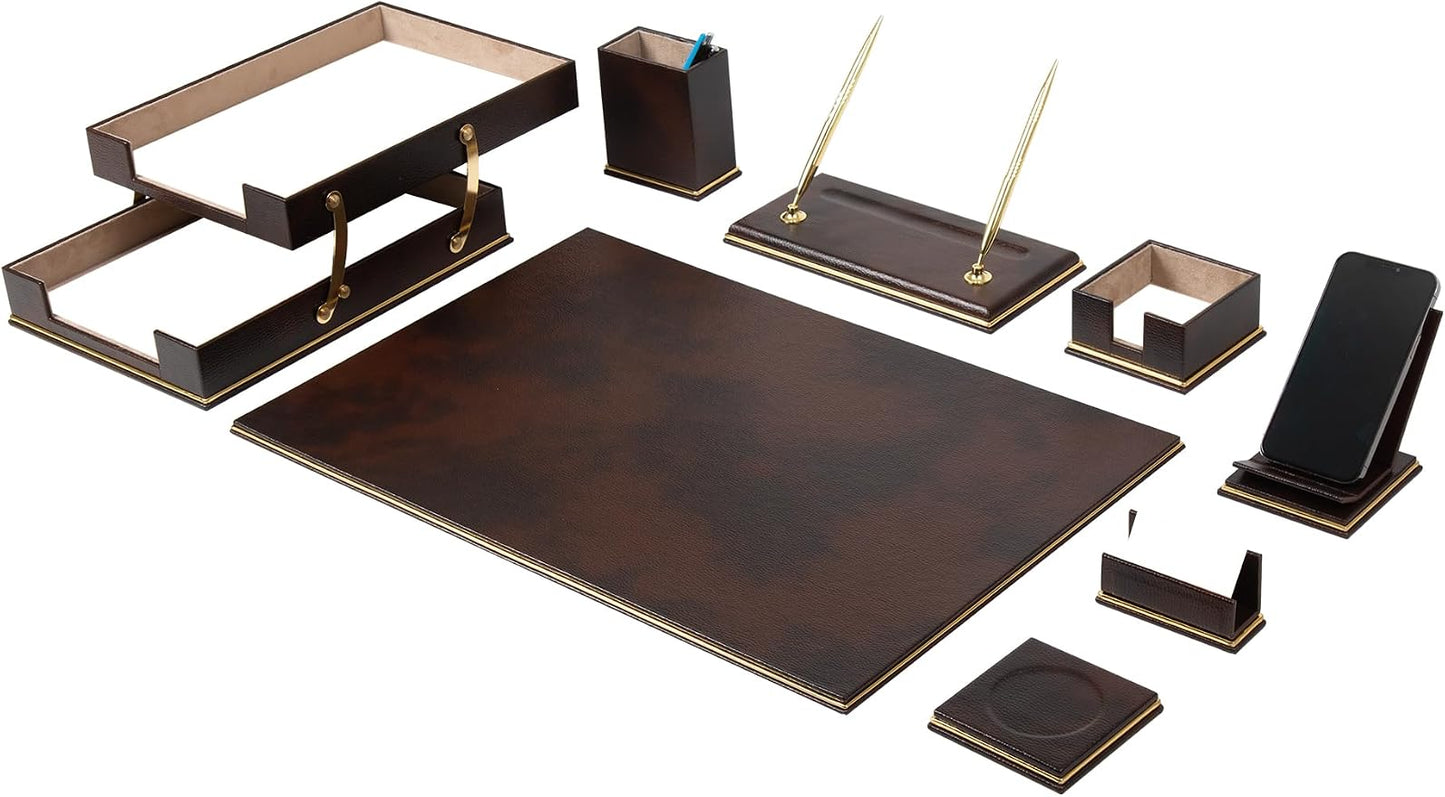 Cloud Luxury Leather Desk Set – 10 Piece Executive Desk Organizer with Desk Pad, Double Document Tray, Pen Holder, Memo Holder, Business Card Holder & Phone Stand – Gold Office Accessories (Brown)