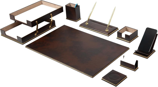 Cloud Luxury Leather Desk Set – 10 Piece Executive Desk Organizer with Desk Pad, Double Document Tray, Pen Holder, Memo Holder, Business Card Holder & Phone Stand – Gold Office Accessories (Brown)
