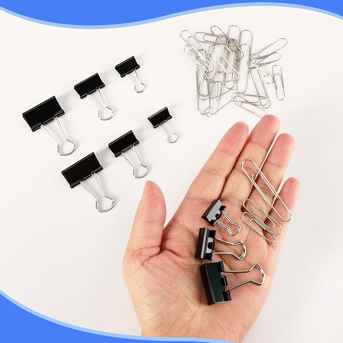 SANNIX 500Pcs Paper Clips and Binder Clips Assorted Sizes, Silver Paper Clips Black Binder Clips with Large Medium Small Size in Container for Office Home School Supplies Document Organizing