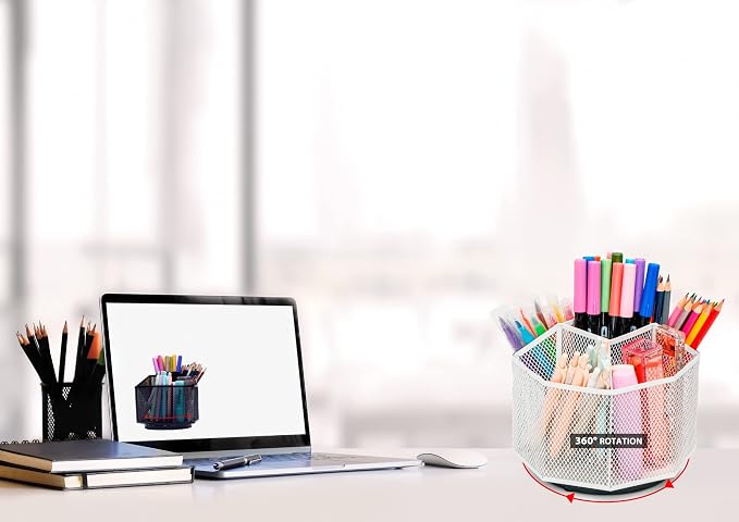 Exerz Desk Organizer 360 Rotating Pen Holder 5 Compartments Caddy White | Smooth Spinning Base with Open Mesh Sections Easy Access to Pens Brushes Scissors Daily Desk Tools
