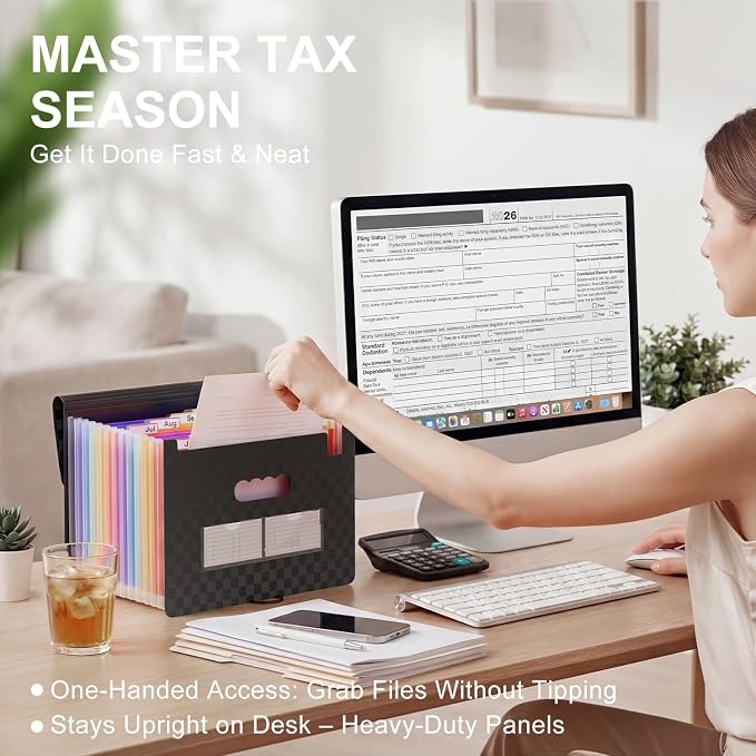 ThinkTex Accordion File Organizer, 12 - Pocket Expanding File Folders | for Receipts, Bills & Taxes Organizer, Portable Letter/A4 Size Document Holder for School, Office, home with Colorful tabs