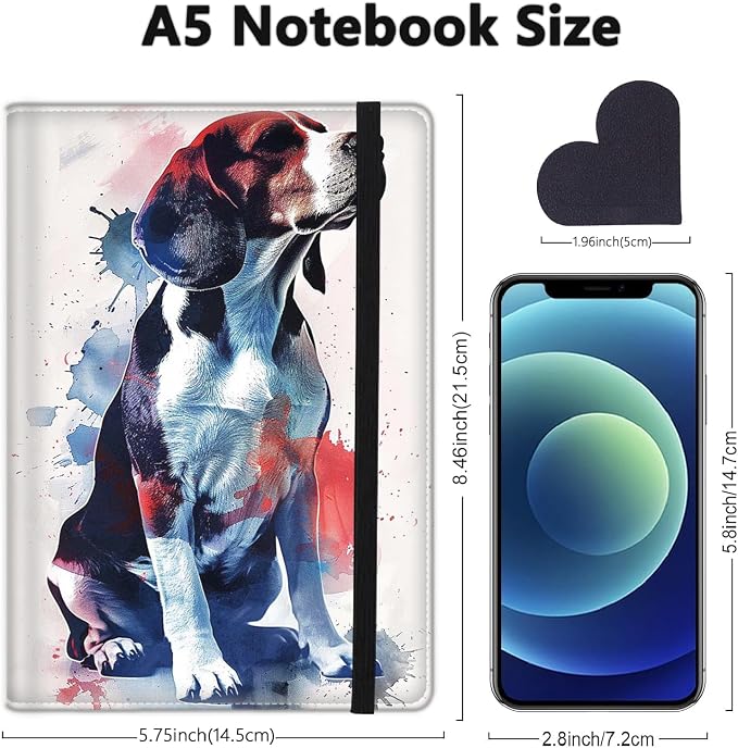 A5 Leather Lined Journal Notebook, 200 Pages Hardcover Executive Notebook for Men Women Office School Note Taking, Thick Writing Paper Daily Journal with Bookmarks/Indexes, Beagle Watercolors