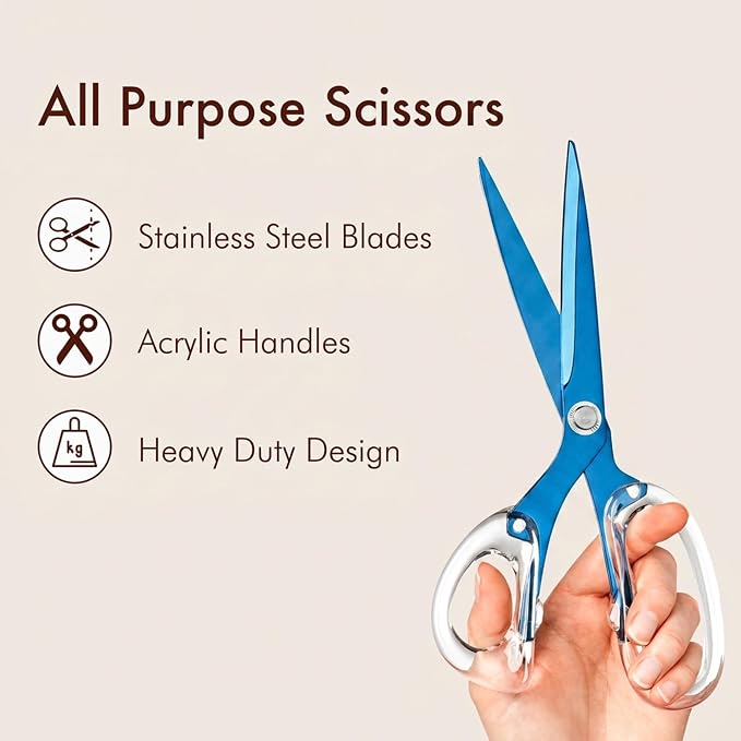 OfficeGoods 9” Stainless Steel Acrylic Scissors for Office and Home - Aesthetic and Sharp All Purpose Scissors, Perfect for Sewing, Arts and Crafts - Sapphire