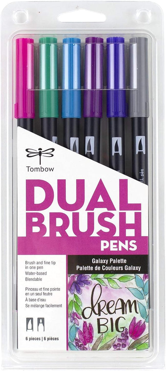 Tombow 56212 Dual Brush Pen Art Markers, Galaxy, 6-Pack. Blendable, Brush and Fine Tip Markers