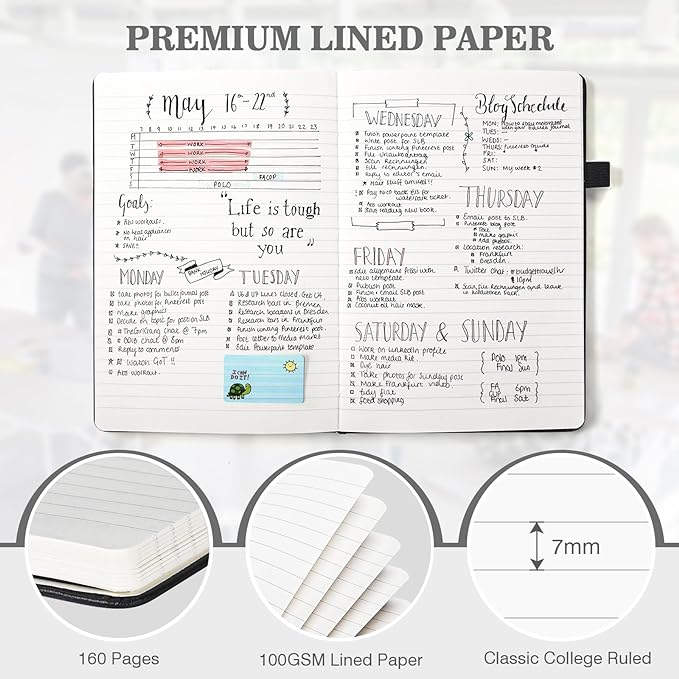 OMEYA A5 Hardcover Notebooks for Work: 3 Pack, Black, 100gsm Thick Paper | Each 160 Lined Pages, 5.75" x 8.38", PU Leather Hardcover, 3 Pens, 2 Inner Pockets, 180° Lay-Flat, For Business, School