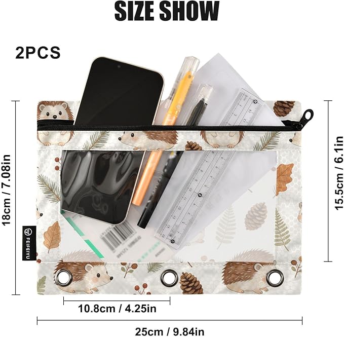Hedgehog Pencil Pouches for 3 Ring Binder, Zipper Binder Pencil Case, 2 Pack Clear Window Case Bag for Office Organizers