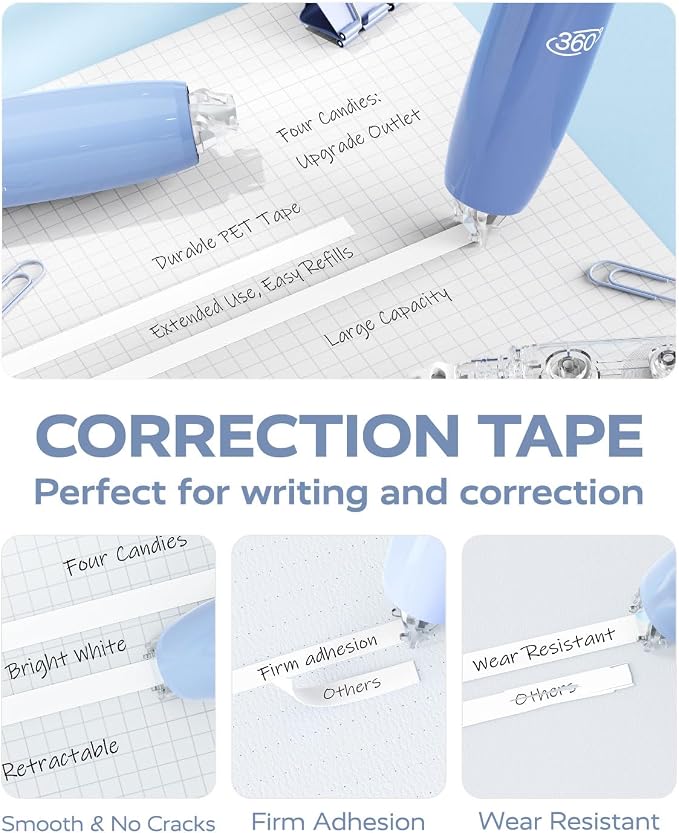Four Candies Refillable Correction Tape, 4PCS White Tape with 4 Refills | Smooth White Pull-Out Tape for Instant Corrections, Easy to Use Applicator for Office, School Supplies (Blue)