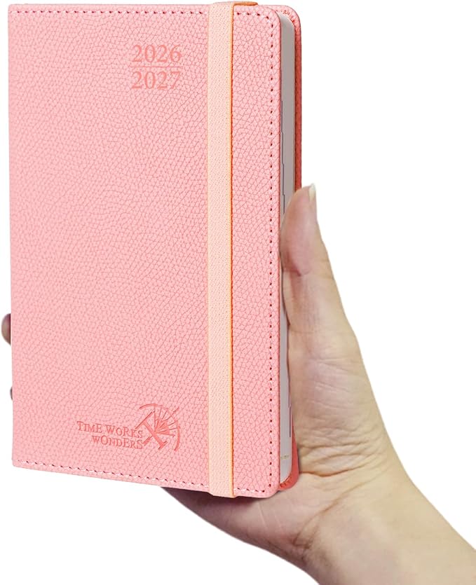 POPRUN 2026-2027 Small Weekly Planner, 4" x 6.25" Pocket Calendar for Purse | Academic Year (Jul 2026 - Jun 2027) Daily Planner with Lined Sections, Leather Hardcover, 100GSM Paper - Soft Pink