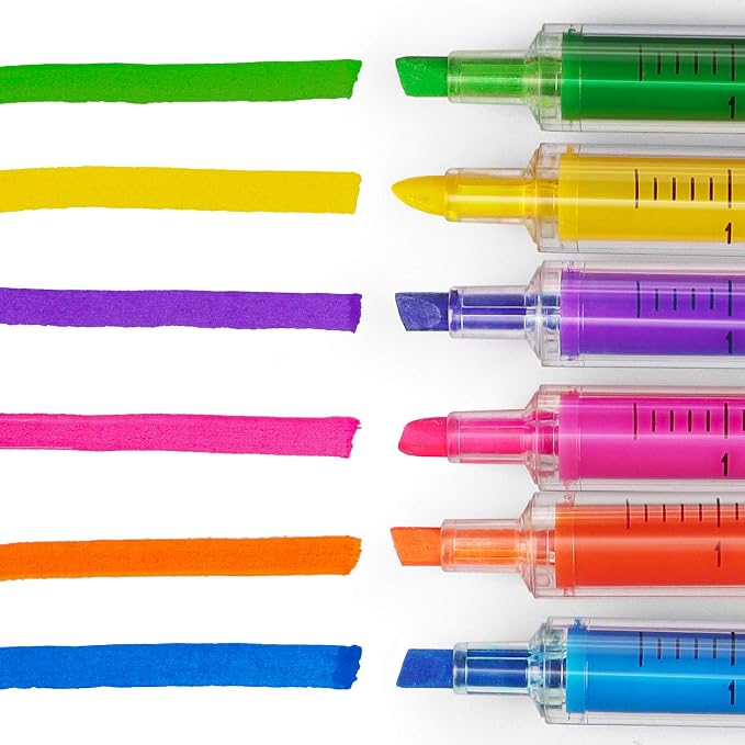 Hutou 6 Syringe Ballpoint Pens + 6 Syringe Highlighters, 12 Set | Syringe Pen Multi Color Novelty Pen for Student School Supplies