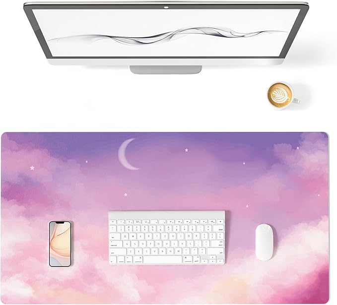Colorful Star Pink Purple Cute Waterproof Desk Mat, 31.5" x 11.8" | Large Office Mouse Pad for Girls Women, Non-Slip Computer Gaming Keyboard Mat, Desk Accessories Décor for Work