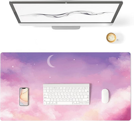 Colorful Star Pink Purple Cute Waterproof Desk Mat, 31.5" x 11.8" | Large Office Mouse Pad for Girls Women, Non-Slip Computer Gaming Keyboard Mat, Desk Accessories Décor for Work