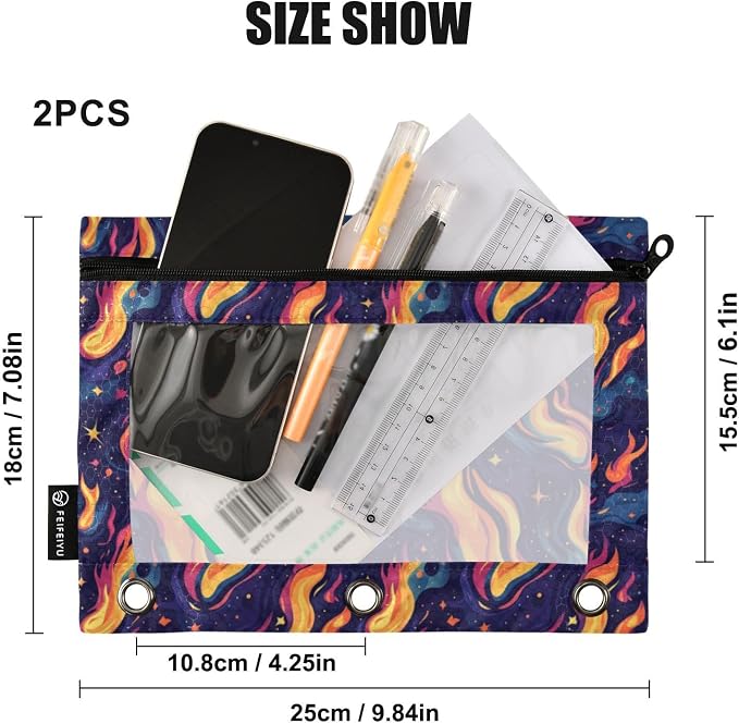 Binder Pencil Pouches Y2k Style with Fires Pen Case | Clear Window 3 Rings, Cosmetic Bags School Office Supplies Cosmetic Makeup Bag 2 Psc