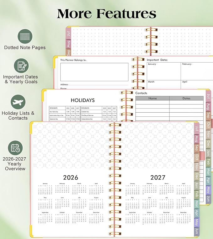 Academic Planner 2026-2027, Hardcover Weekly and Monthly Calendar Planner from July 2026 - June 2027, Daily Agenda Planners with Tabs, College School Organizer for Student Teacher, A4 (8.5" x 11"), Pink