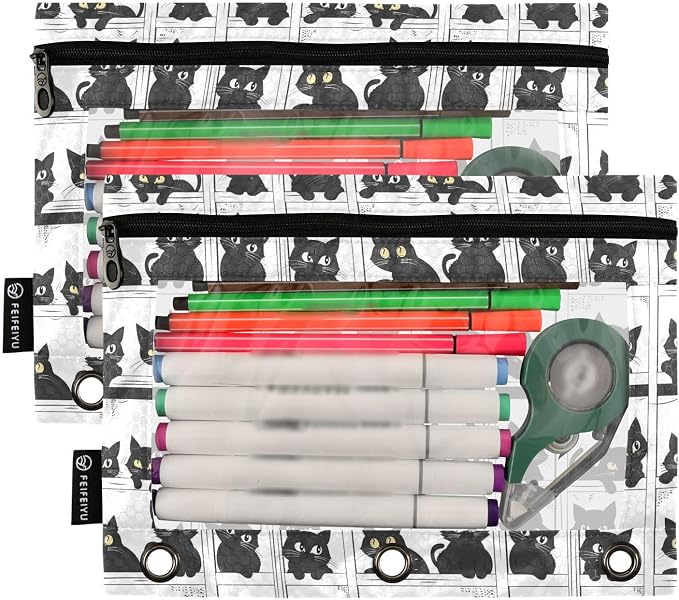 Binder Pencil Pouches, Set Of Cats Pencil Case with Clear Window 3 Rings Cosmetic Bags Office Supplies 2 Pack