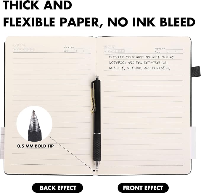 Aodaer 30 Set Lined Notebook Journals with Pens A5 Notebooks 100 GSM College Ruled Hardcover Notebook PU Leather Notepad with Pen Holder for Office School, 5.7 x 8.3 Inches, Black