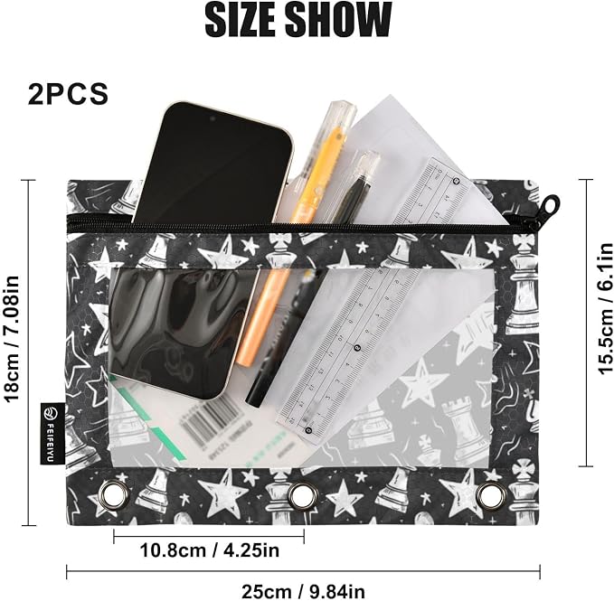 Binder Pencil Pouches Chess Pieces and Stars Pen Case | Clear Window 3 Rings, Cosmetic Bags School Office Supplies Cosmetic Makeup Bag 2 Psc