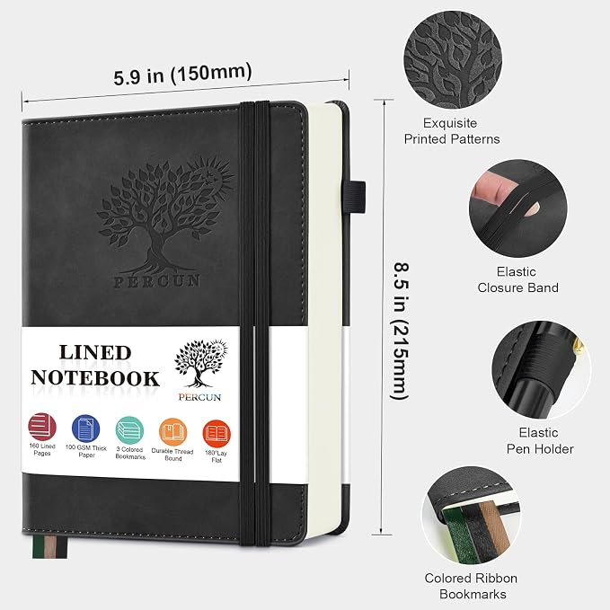 PERCUN A5 Leather Notebook Journal, 160 Lined Pages, 5.9" x 8.5" Black | Leather Journal for Men Women, Hardcover Notebooks for work, school, business, travel diary, Note taking & Daily Journaling