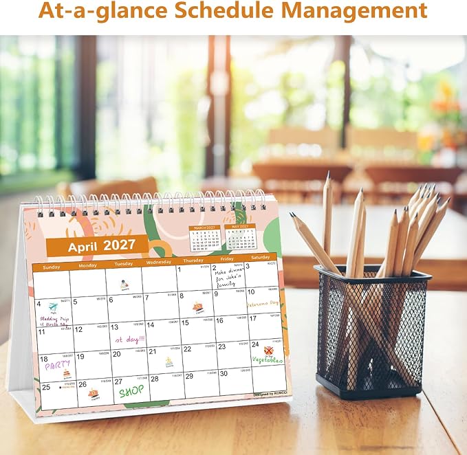 Small Desk Calendar 2026-2027, Koncci Standing Flip Desk Calendar with Stickers (July 2026-December 2027), US Holidays Marked Desktop Planner for Easy Organizing (7" x 8.5")