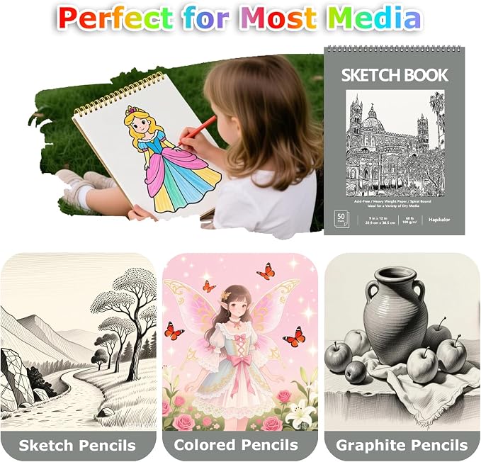 9" x 12" Sketch Book, 2-Pack 50 Sheets Spiral Bound Art Sketchbook, Acid Free Artist Drawing Book Paper, Art Supplies for Kids, Craft Activities, Sketch Paper for Drawing Coloring Sketching(Green)