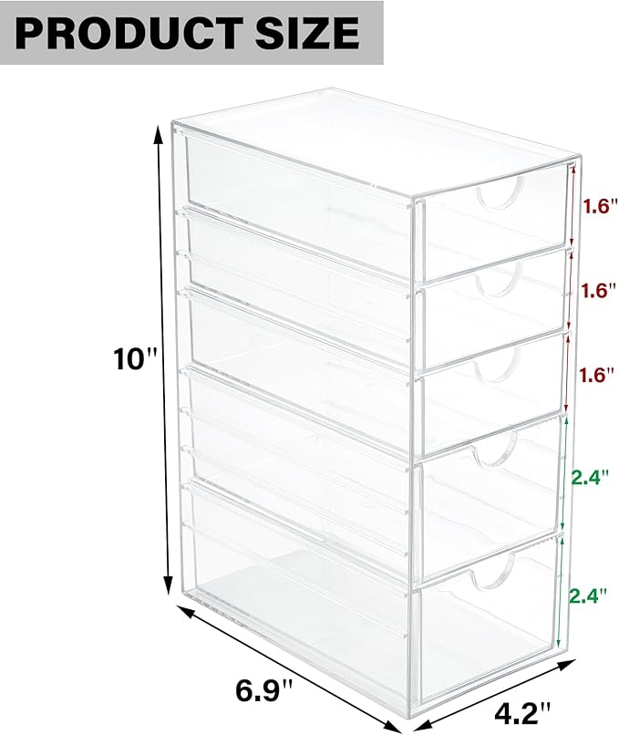 Prsildan Hair Accessories Organizer Acrylic Drawer with 5 Small Drawers | Clear, For Bathroom Vanity Office Desk, Jewelry Makeup Storage