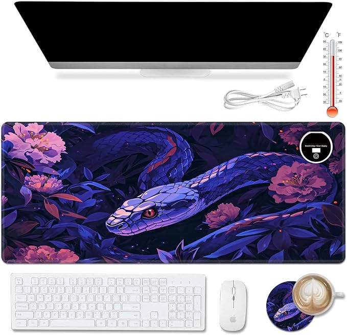 Warm Desk Pad,Heated Desk Pad,Office Mat,3 Heating Levels & 3 Hours Auto Shut-Off,31.5"*13" Gaming Mouse Laptop Keyboard Leather Desk Mat,Purple Snake Flower