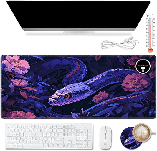 Warm Desk Pad,Heated Desk Pad,Office Mat,3 Heating Levels & 3 Hours Auto Shut-Off,31.5"*13" Gaming Mouse Laptop Keyboard Leather Desk Mat,Purple Snake Flower