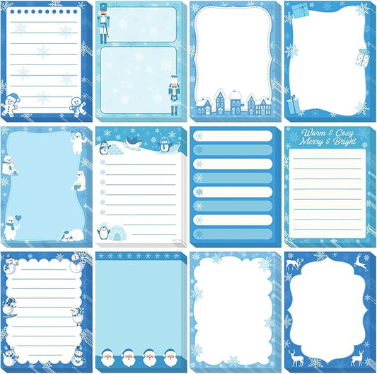 Chiisong 12 Pcs Christmas Sticky Notes Christmas Design Self Adhesive Note Pads Winter Snowflake Sticky Memo Blue Cartoon Snowman Penguin Notepad for Xmas Gift Office Home Supplies Present