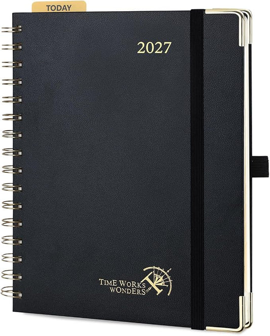 POPRUN 2027 Planner Daily Weekly and Monthly Calendar with Hourly Schedule(Medium Size 8.5'' x 6.25'' Wire-Bound Hard Cover) - Agenda 2027 (Jan.2027-Dec.2027), Monthly Tabs - Black