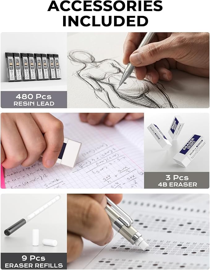 Nicpro 4 Pack Mechanical Pencil 0.7mm, MB1000 Metal Mechanical Pencil Set | 6 Tube HB #2 Lead Refill 0.7 mm, 3PCS 4B Eraser, 9 Cap Eraser, Storage Case for Artist Drafting Writing, Sketching, Drawing