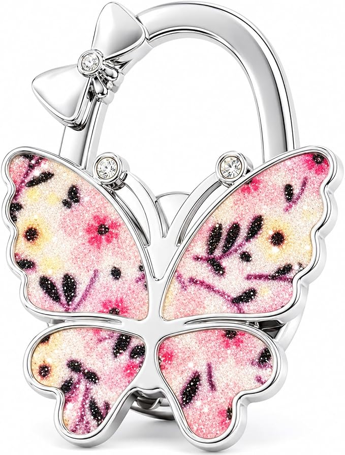 Purse Hook for Table, Foldable Handbag Hanger for Women, Portable Bag Holder with Non-Slip Base, Cute Flower Pink Glitter Butterfly Purse Table Hook for Restaurant Office Travel Gift