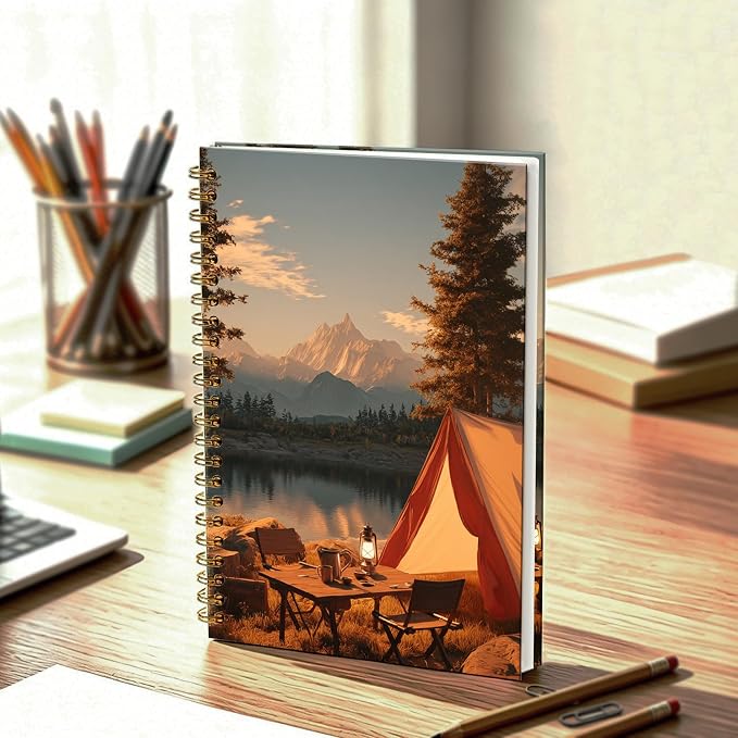 Mountain Forest Camping Journal Notebook 5.5x8.3, Camping Lover Gifts Journal for Women Men, Camper Gifts, Cozy Sunset Lake Landscape Notebooks for Work