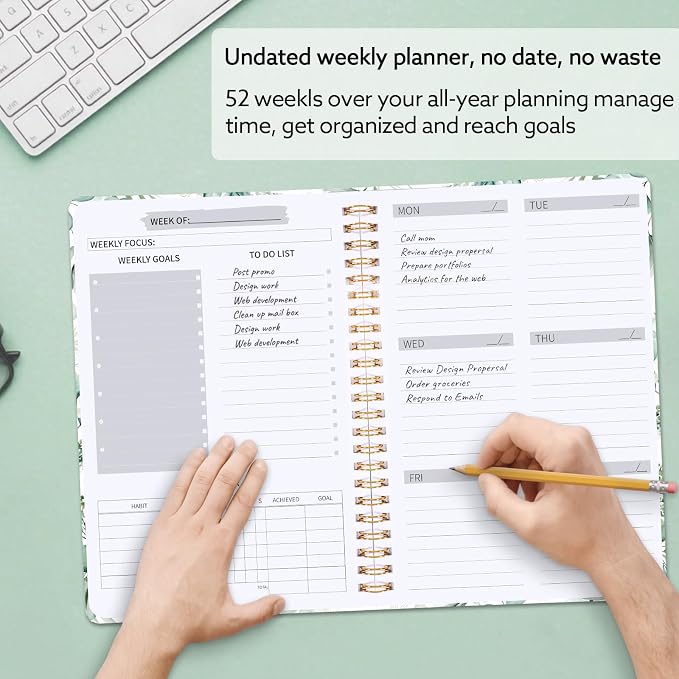 Thboxes A5 Weekly Planner, Undated Spiral To Do Notebook, Green Leaves | Spiral Binding, Stickers, Planners for Home, Work, Office, College, School Supplies for Girls, Kids, Students, Teachers Gifts