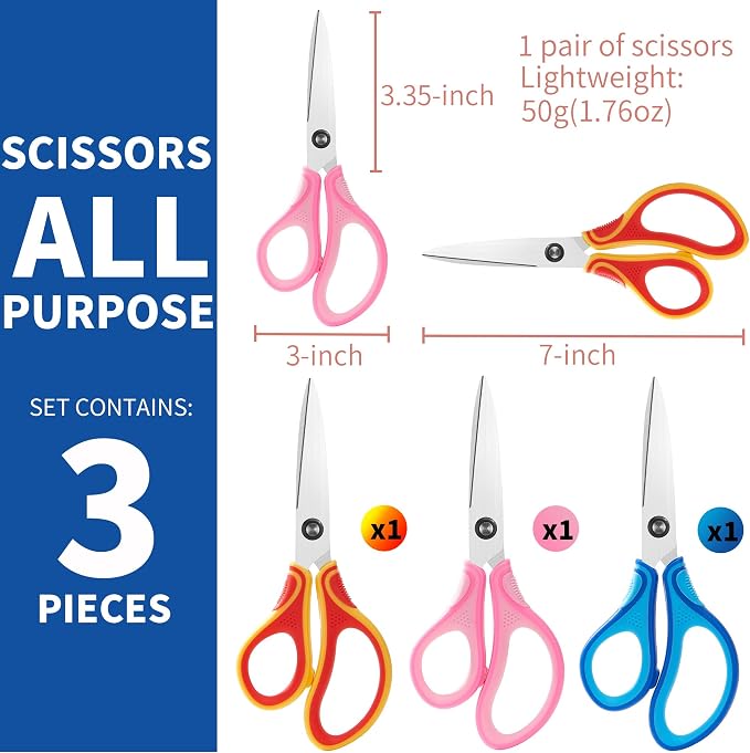 7" Student Scissors Set of 3-pack,Pointed Tip Blades,Kids Scissors Ages 8-10 8-12 8-16 for School Crafting Project,Great for DIY, Arts, Home, Red/Pink/Blue